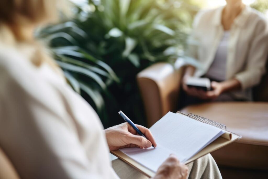 A therapist takes notes during heroin addiction treatment