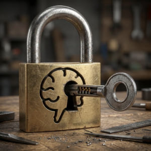 a padlock with a brain engraved on it and the key unlocking the brain