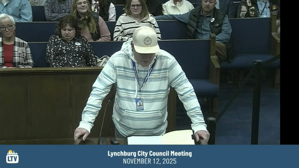 Dustin Hatchett speaking in support of Sobrius Holistic Recovery at a Lynchburg City Council Meeting in November 2025