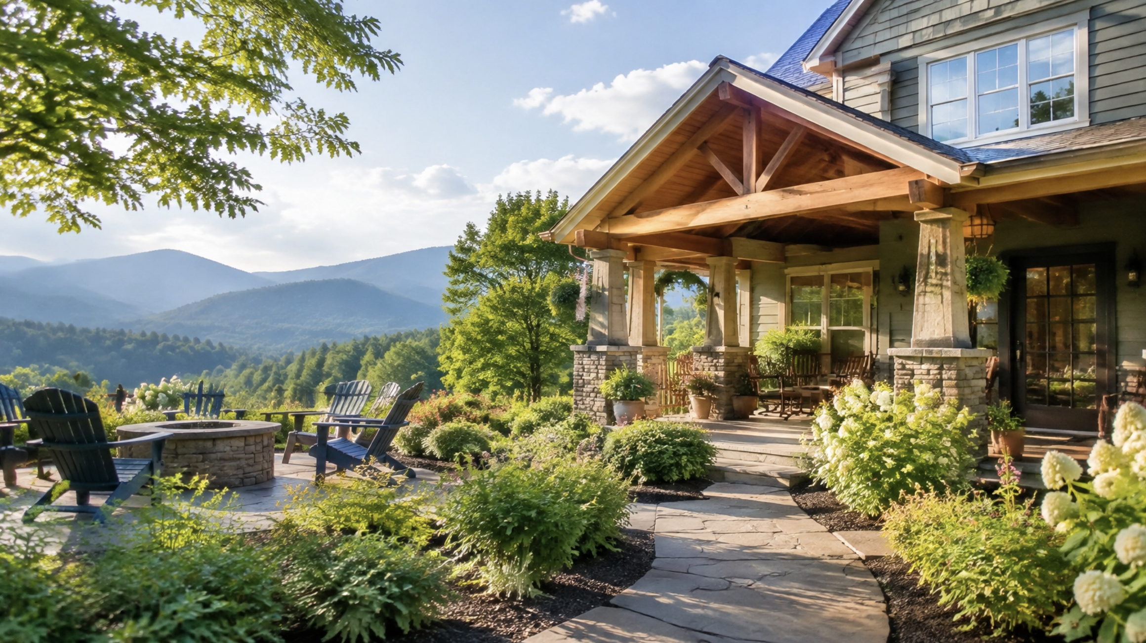 Outdoor scene showing a fire pit in front of the Blue Ridge Mountains with a house in the background