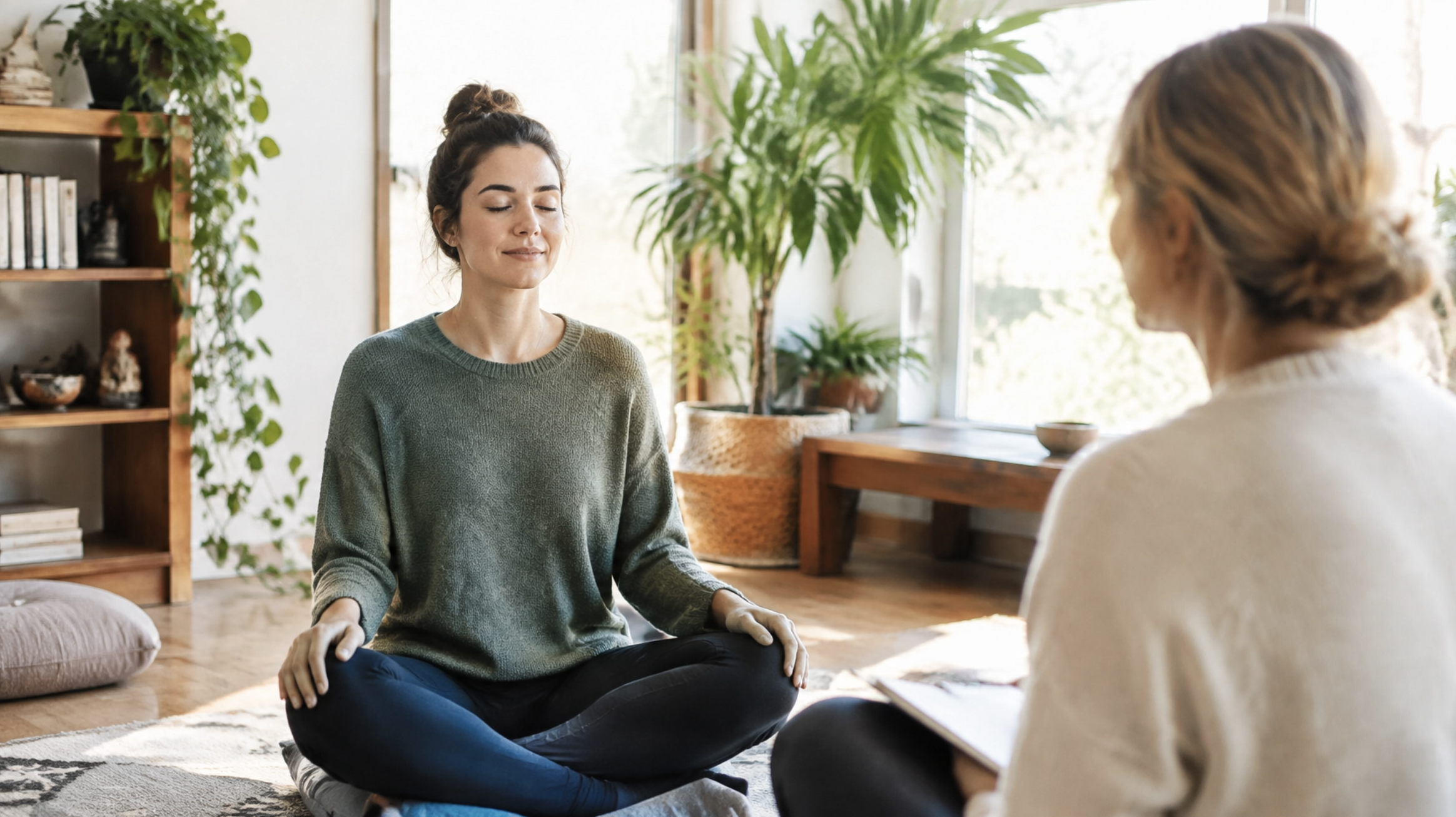 Meditation room with two women in guided mediation